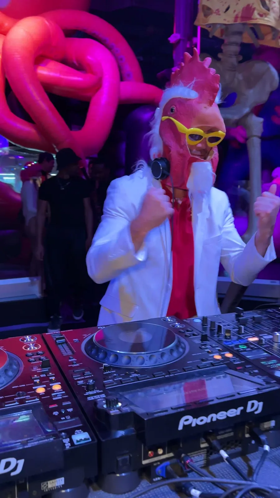 Dirty Fancy, Christian Conroy, DJing in a chicken head at Coloween