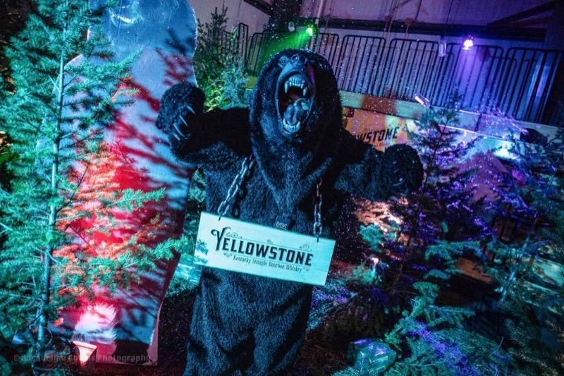 Roaring bear costume with a whiskey sign in a snowy pine grove