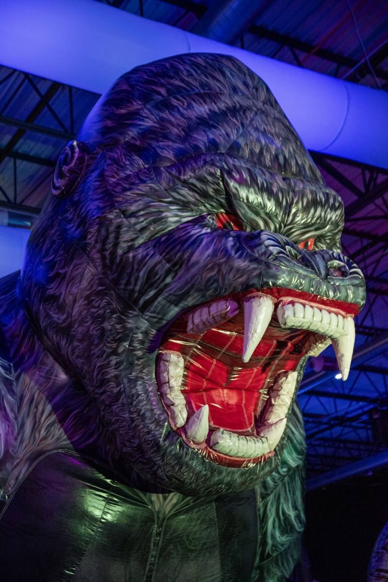 King Kong snarls from the rafters in blue light at Coloween's Halloween costume party